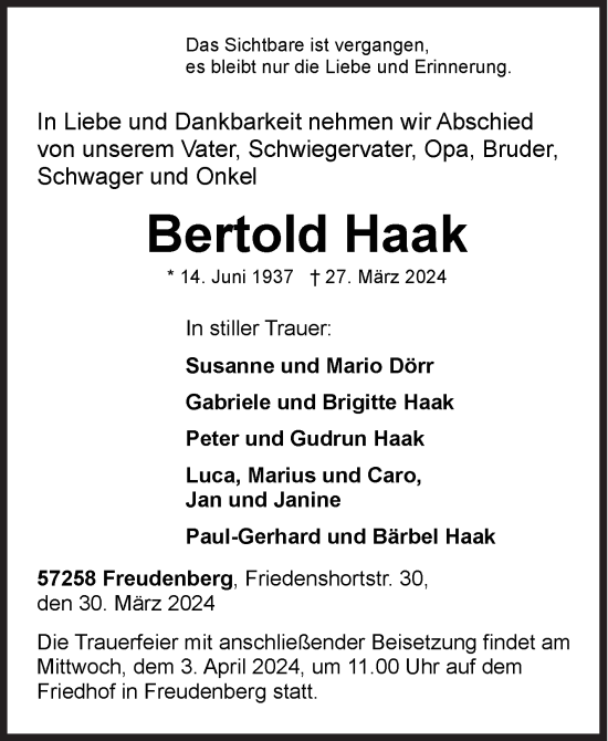 Traueranzeige von Bertold Haak von Siegener Zeitung