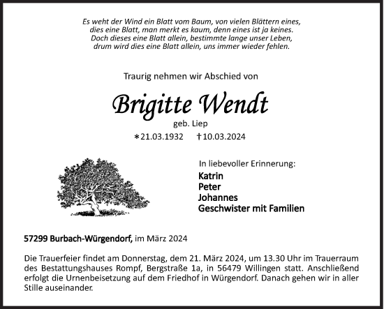 Traueranzeige von Brigitte Wendt von Siegener Zeitung