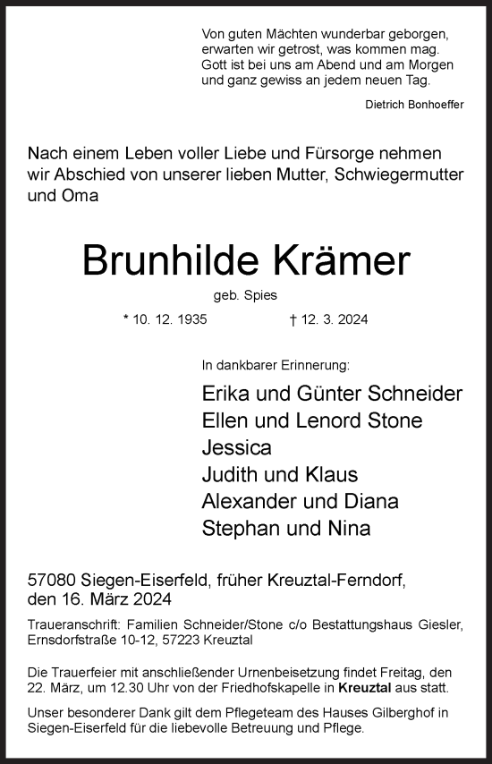 Traueranzeige von Brunhilde Krämer von Siegener Zeitung