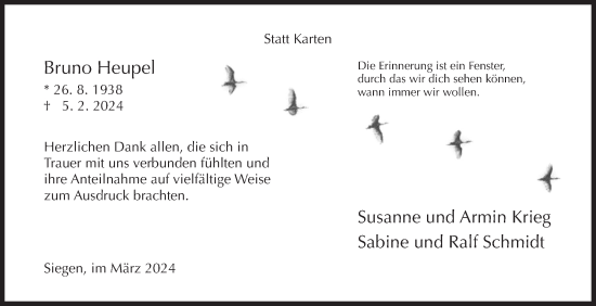 Traueranzeige von Bruno Heupel von Siegener Zeitung