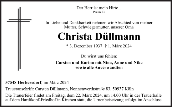 Traueranzeige von Christa Düllmann von Siegener Zeitung