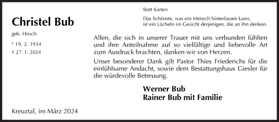 Traueranzeige von Christel Bub von Siegener Zeitung