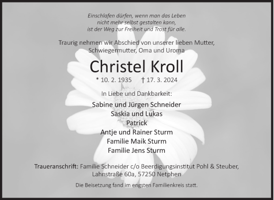 Traueranzeige von Christel Kroll von Siegener Zeitung