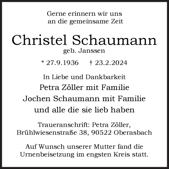 Traueranzeige von Christel Schaumann von Siegener Zeitung