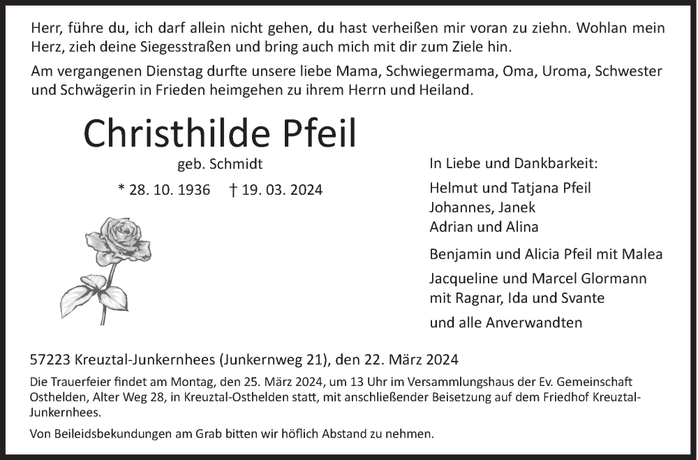  Traueranzeige für Christhilde Pfeil vom 22.03.2024 aus Siegener Zeitung