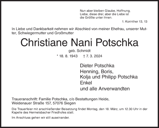 Traueranzeige von Christiane Nani Potschka von Siegener Zeitung