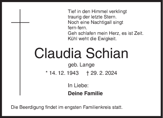 Traueranzeige von Claudia Schian von Siegener Zeitung