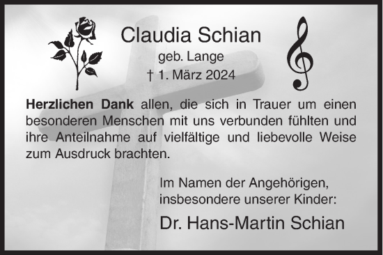 Traueranzeige von Claudia Schian von Siegener Zeitung