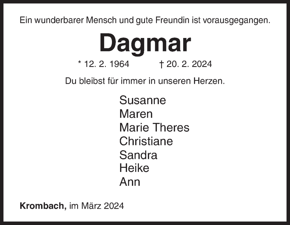  Traueranzeige für Dagmar Einzmann vom 07.03.2024 aus Siegener Zeitung