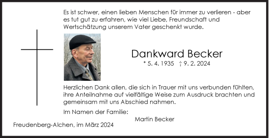 Traueranzeige von Dankward Becker von Siegener Zeitung