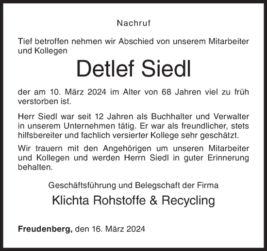 Traueranzeige von Detlef Siedl von Siegener Zeitung