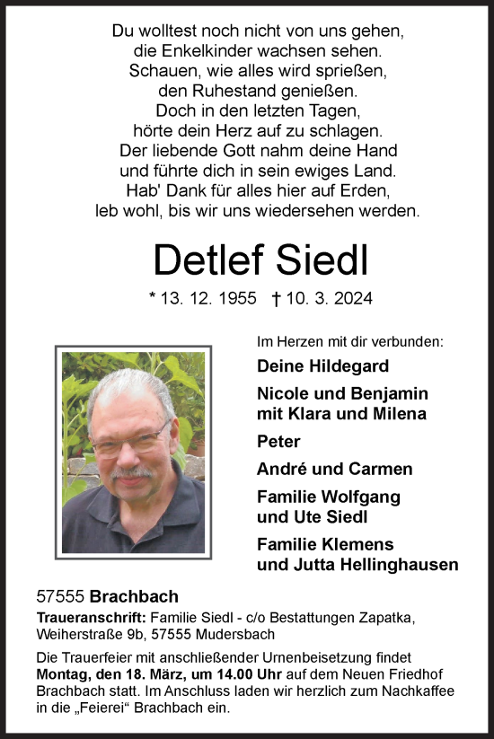 Traueranzeige von Detlef Siedl von Siegener Zeitung