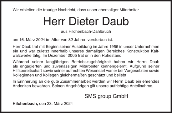 Traueranzeige von Dieter Daub von Siegener Zeitung