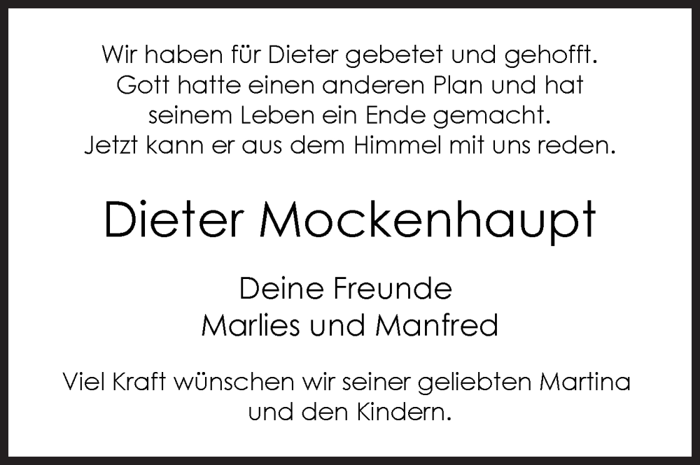  Traueranzeige für Dieter Mockenhaupt vom 16.03.2024 aus Siegener Zeitung