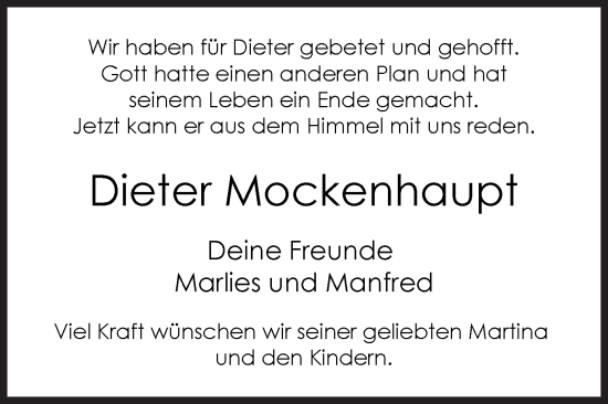 Traueranzeige von Dieter Mockenhaupt von Siegener Zeitung