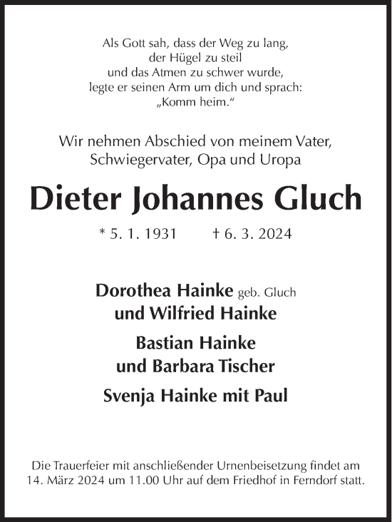 Traueranzeige von Dieter Johannes Gluch von Siegener Zeitung