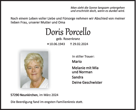 Traueranzeige von Doris Porcello von Siegener Zeitung