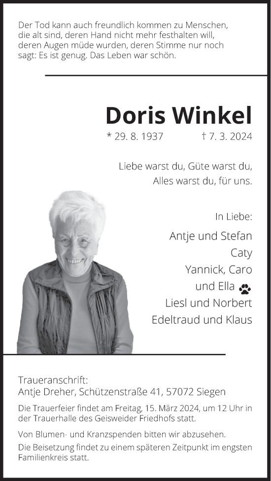 Traueranzeige von Doris Winkel von Siegener Zeitung