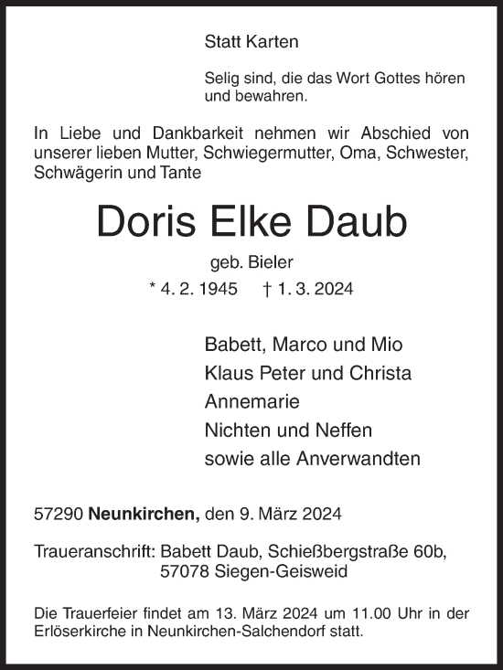 Traueranzeige von Doris Elke Daub von Siegener Zeitung