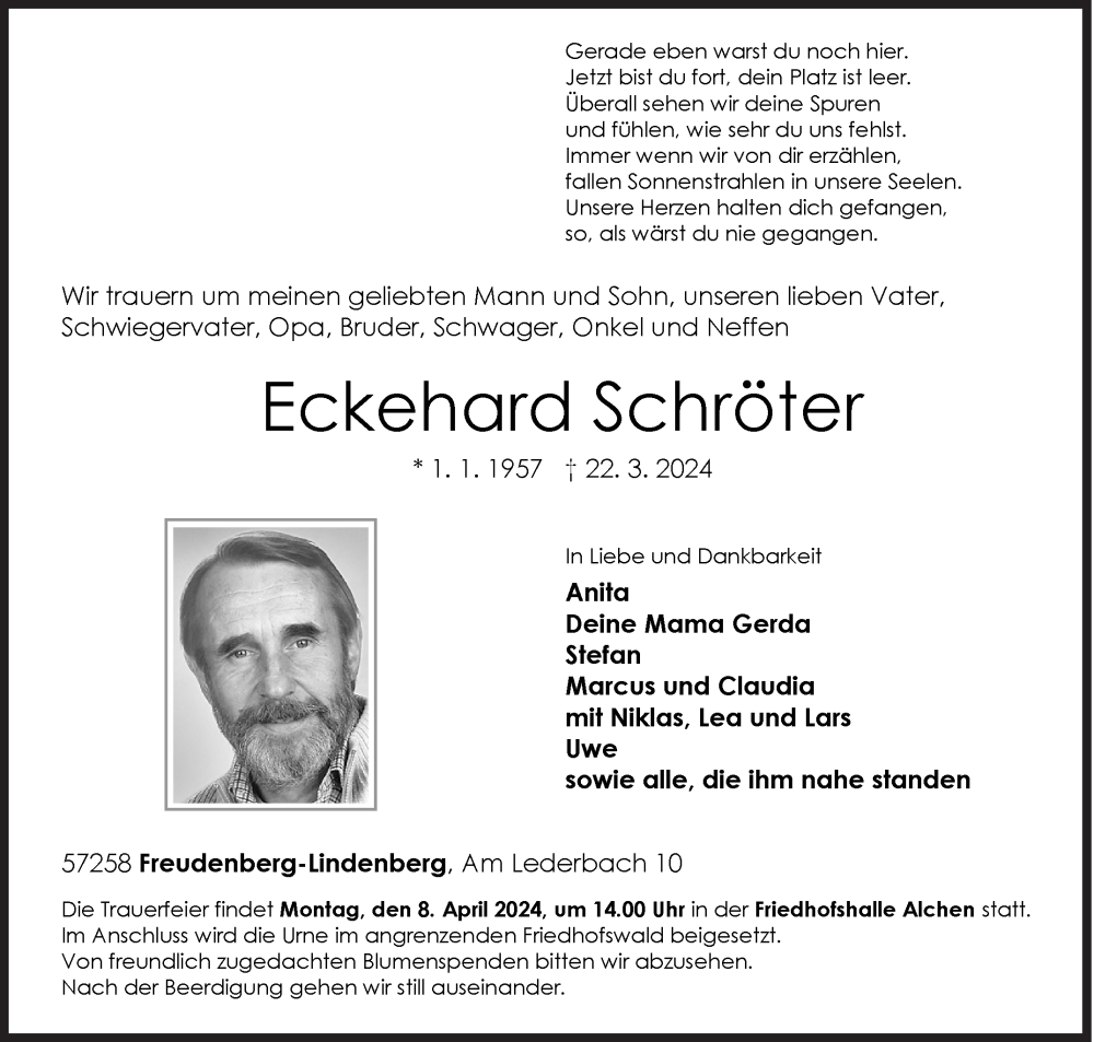  Traueranzeige für Eckehard Schröter vom 30.03.2024 aus Siegener Zeitung