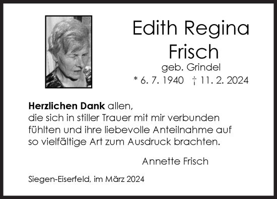 Traueranzeige von Edith Regina Frisch von Siegener Zeitung