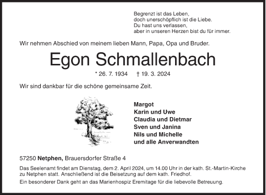 Traueranzeige von Egon Schmallenbach von Siegener Zeitung