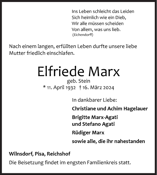 Traueranzeige von Elfriede Marx von Siegener Zeitung
