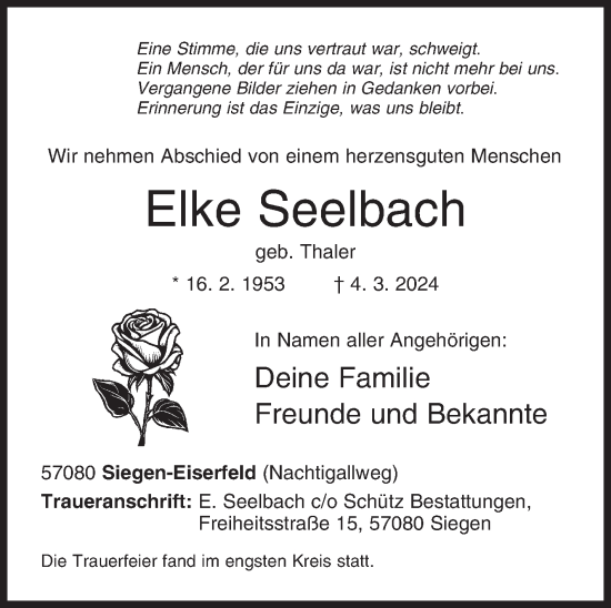 Traueranzeige von Elke Seelbach von Siegener Zeitung