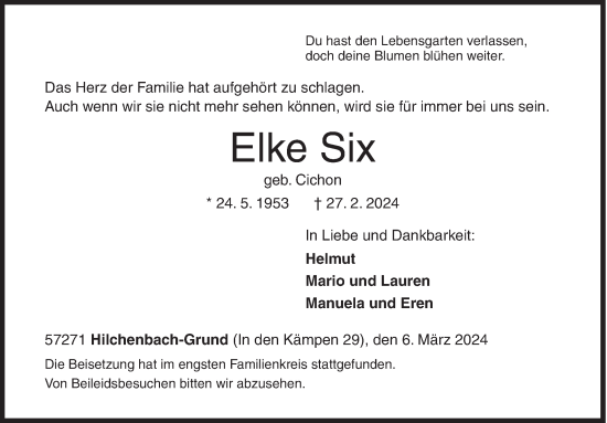 Traueranzeige von Elke Six von Siegener Zeitung