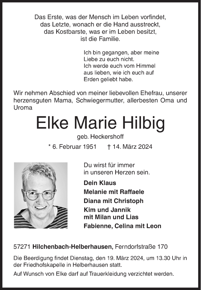  Traueranzeige für Elke Marie Hilbig vom 16.03.2024 aus Siegener Zeitung