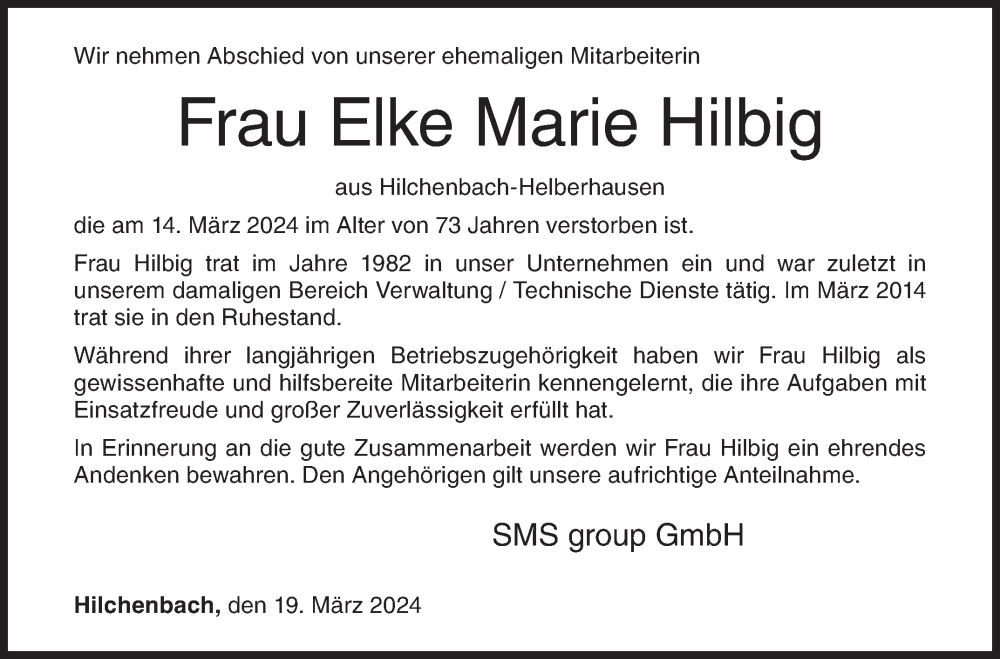  Traueranzeige für Elke Marie Hilbig vom 19.03.2024 aus Siegener Zeitung