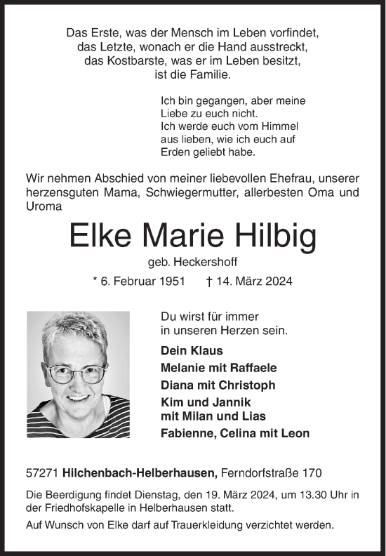 Traueranzeige von Elke Marie Hilbig von Siegener Zeitung