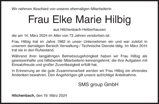 Traueranzeige von Elke Marie Hilbig von Siegener Zeitung