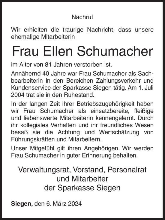 Traueranzeige von Ellen Schumacher von Siegener Zeitung