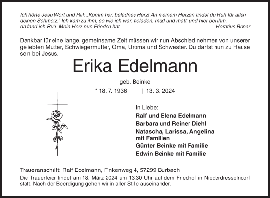 Traueranzeige von Erika Edelmann von Siegener Zeitung