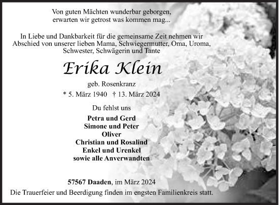 Traueranzeige von Erika Klein von Siegener Zeitung