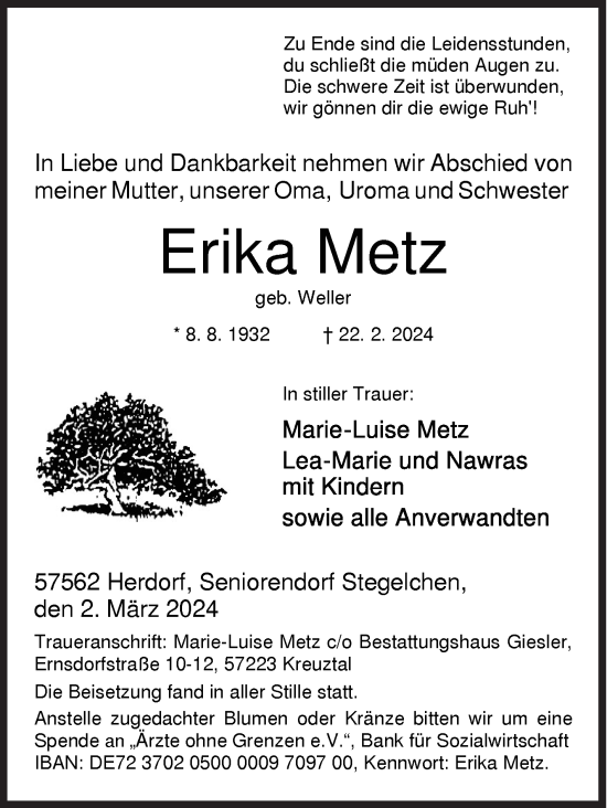 Traueranzeige von Erika Metz von Siegener Zeitung