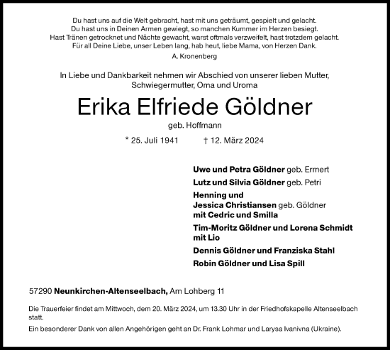 Traueranzeige von Erika Elfriede Göldner von Siegener Zeitung