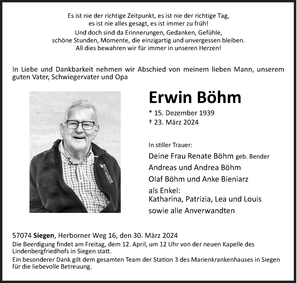  Traueranzeige für Erwin Böhm vom 30.03.2024 aus Siegener Zeitung