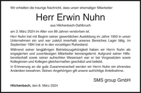 Traueranzeige von Erwin Nuhn von Siegener Zeitung