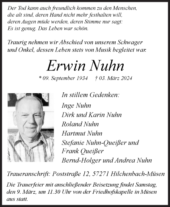 Traueranzeige von Erwin Nuhn von Siegener Zeitung