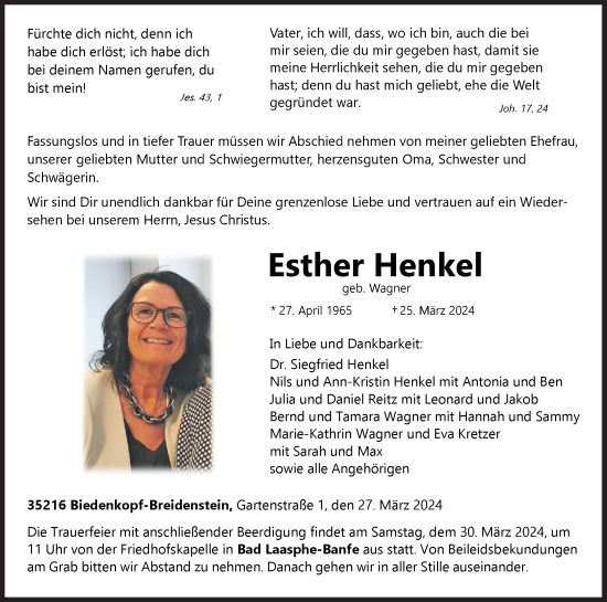 Traueranzeige von Esther Henkel von Siegener Zeitung
