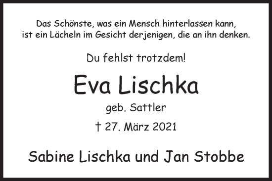 Traueranzeige von Eva Lischka von Siegener Zeitung