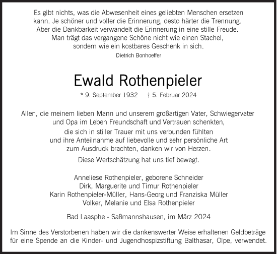 Traueranzeige von Ewald Rothenpieler von Siegener Zeitung