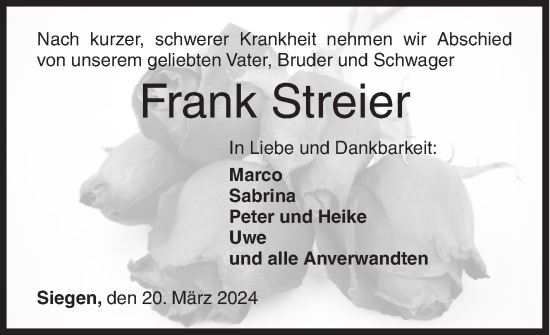 Traueranzeige von Frank Streier von Siegener Zeitung