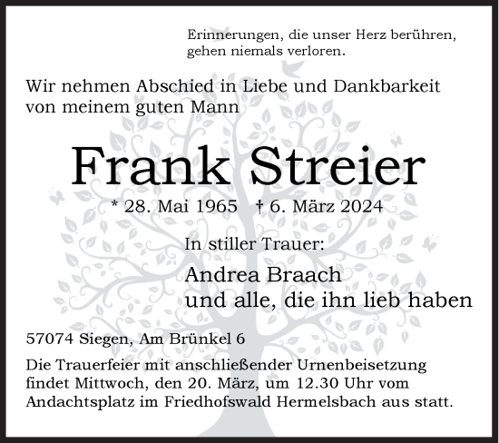 Traueranzeige von Frank Streier von Siegener Zeitung