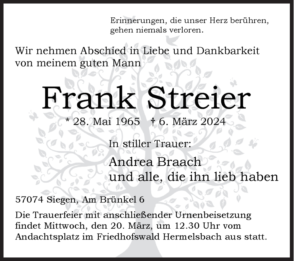  Traueranzeige für Frank Streier vom 18.03.2024 aus Siegener Zeitung