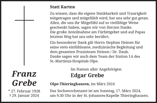 Traueranzeige von Franz Grebe von Siegener Zeitung