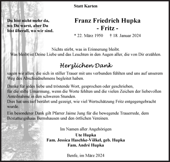 Traueranzeige von Franz Friedrich Hupka von Siegener Zeitung