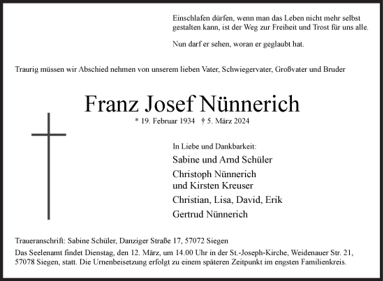 Traueranzeige von Franz Josef Nünnerich von Siegener Zeitung